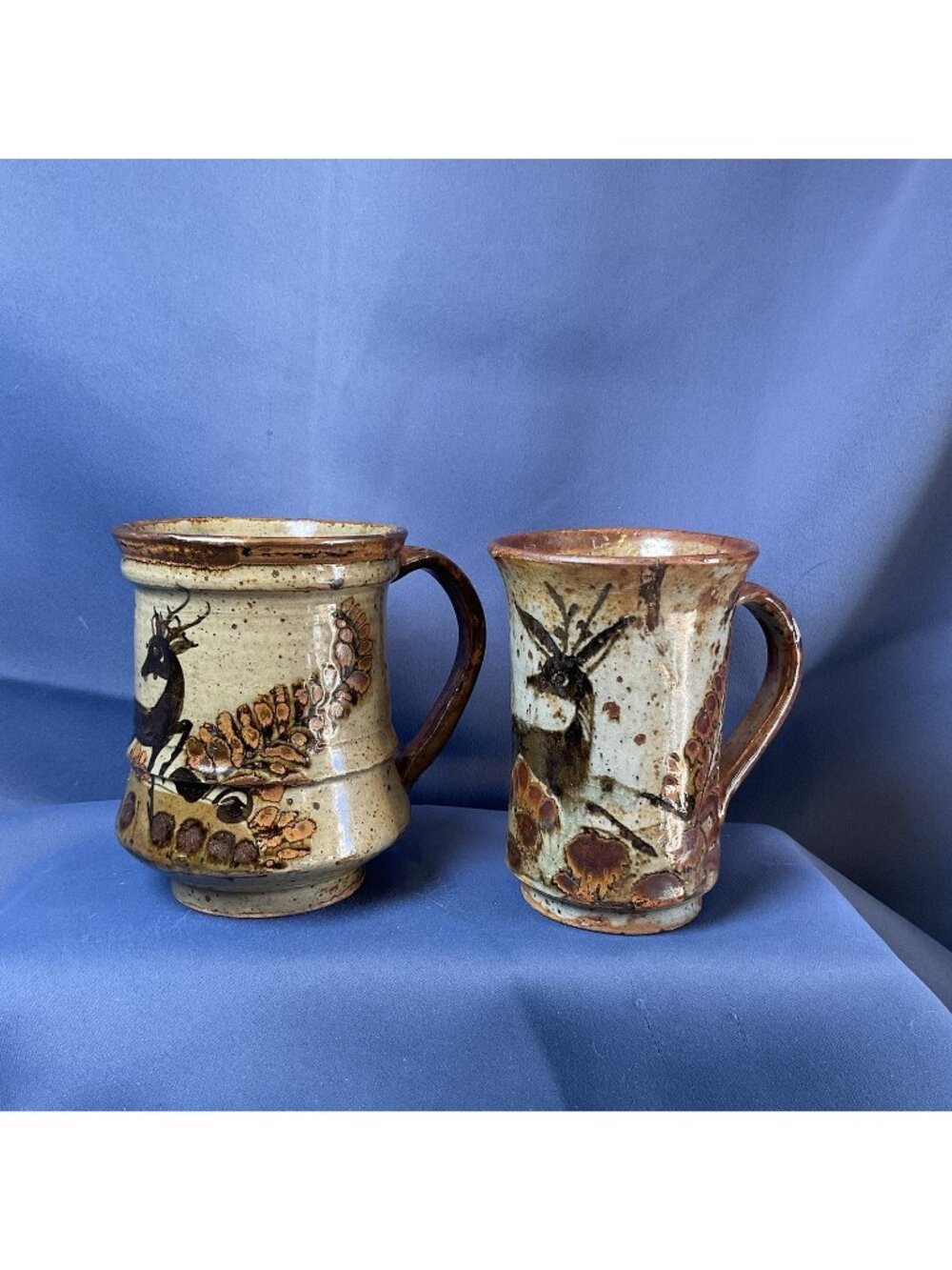 Vintage Studio Pottery Mugs Set Of 2 Deer Sgraffito Stoneware Rustic Handmade